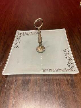 MCM Studio Silversmiths 9" Frosted Glass Square Tidbit Tray Silver Plated Handle